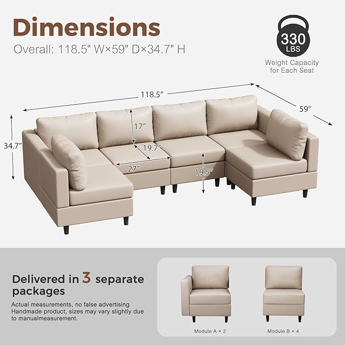 118.5" Faux Leather Modular Sectional Sofa with Storage Seat, Modern 6 Seater Couch Deep Seat with Removable Cover DIY Combination Whitesand-HomvellaHome