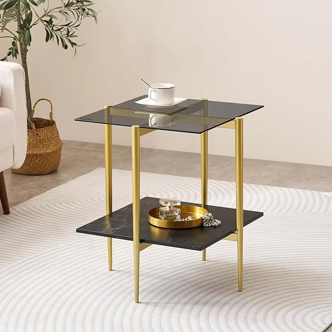 Glass End Table, Mid-Century Modern Design Sofa Table, for Living Room, L18 x W18 x H23 in, Clear Glass Top and Walnut MDF Shelf, Sleek Conical Metal Legs with Gold Finish Frame-HomvellaHome