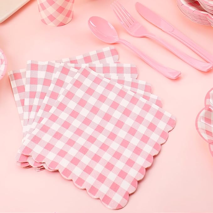 175 Pcs Pink Gingham Plates and Napkins Party Supplies - Pink and White Checkered Plates Sets Serve 25 Guests - Scalloped Gingham Paper Plate for Birthday Wedding Picnic Party Decorations-HomvellaHome