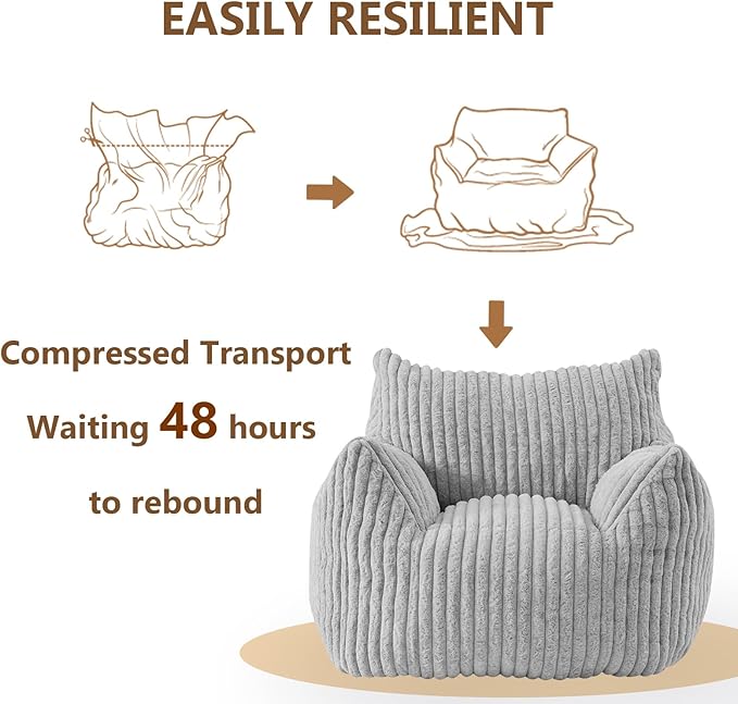 Giant Bean Bag Chairs for Adults Teens, Large Bean Bag Sofa Chairs with Filling Comfy Fuzzy BeanBag Chair with Armrests for Bedroom Living Room Reading (Light Gray, Large)-HomvellaHome