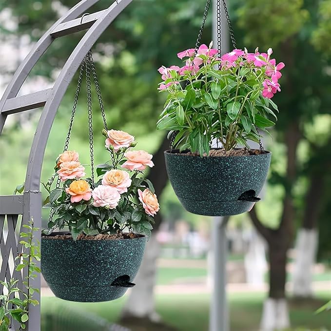 12 Inch Hanging Baskets 2 PC with Chains, Self-Watering Hanging Planters for Indoor Outdoor Plants, Plastic Hanging Flower Pots, Black with Green Speckles-HomvellaHome