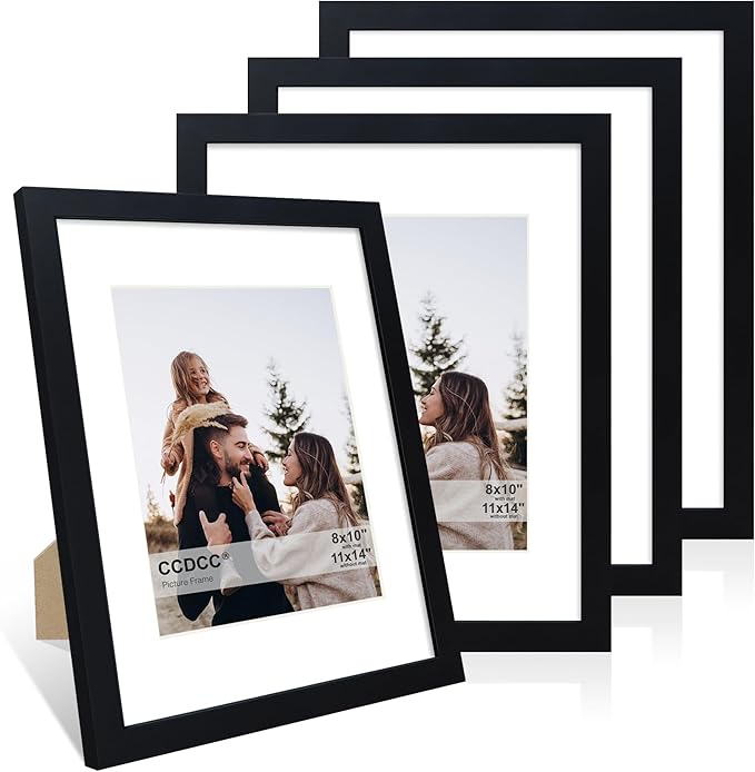 11x14 Picture Frame Set of 4, 11 x 14 Wood Photo Frames with Mat for 8x10, Wooden Frame with Real Glass Cover for Wall and Tabletop Display,Black-HomvellaHome