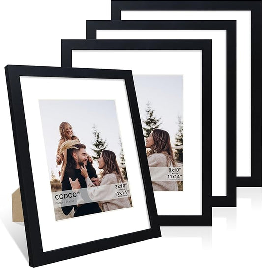 11x14 Picture Frame Set of 4, 11 x 14 Wood Photo Frames with Mat for 8x10, Wooden Frame with Real Glass Cover for Wall and Tabletop Display,Black-HomvellaHome
