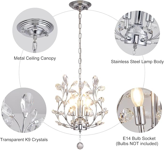 Ganeed 3-Light Branch Crystal Chandelier, Small Flush Mount Vintage Pendant Hanging Lighting, K9 Crystal Farmhouse Ceiling Light for Dining Room Bedroom Living Room Kitchen Hallway, Chrome Silvery-HomvellaHome