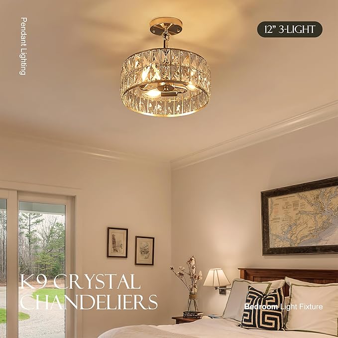 12” 3-Light Modern Crystal Chandeliers Nickel Dinning Room Light Fixture, Round Pendant Light Kitchen Island Chandelier, Flush Mount Ceiling Light for Living Room Entryway Bedroom Foyer-HomvellaHome