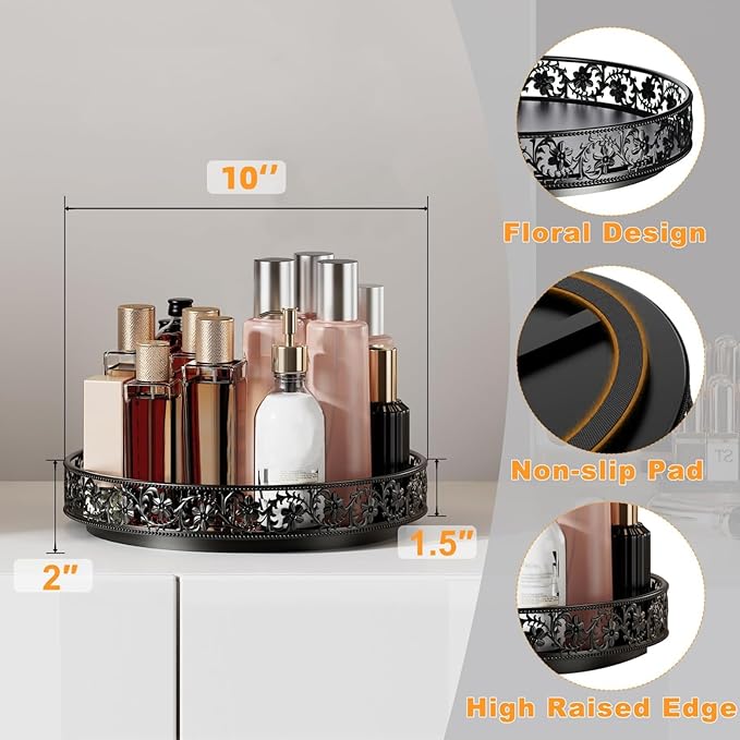 10" Lazy Susan Organizer Turntable,360 Rotating Spice Rack Lazy Susan for Cabinet Dining Table Top Countertop Pantry Kitchen Cupboard Vanity Bathroom Refrigerator Black-HomvellaHome