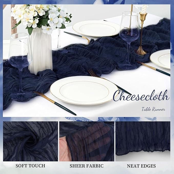 12 Pack Navy Blue Cheesecloth Table Runner 10FT Boho Fabric Rustic Cheese Cloth Table Runner for Wedding Bridal Shower Baby Shower Gauze Sheer Birthday Party Table Decorations 20 x 120 Inch Long-HomvellaHome