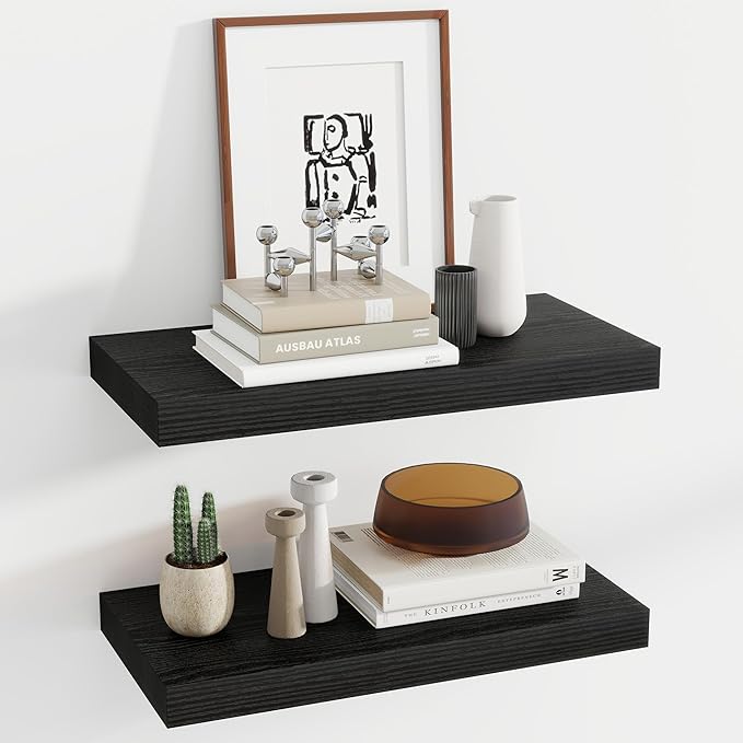 12 Inch Deep Floating Shelves, 24 Inch Long Floating Shelves for Wall, Floating Shelf with Invisible Brackets, Deep Shelves for Bathroom, Bedroom, Living Room, 2 Pack, Black-HomvellaHome