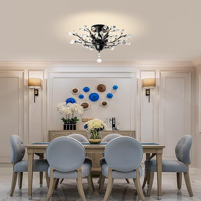 Ganeed Crystal Chandeliers,Vintage K9 Clear LED Ceiling Lighting,Edison Pendant Light Flush Mounted Fixture with 4 Light for Living Room Dinning Room Restaurant Porch Hallway (Black)-HomvellaHome