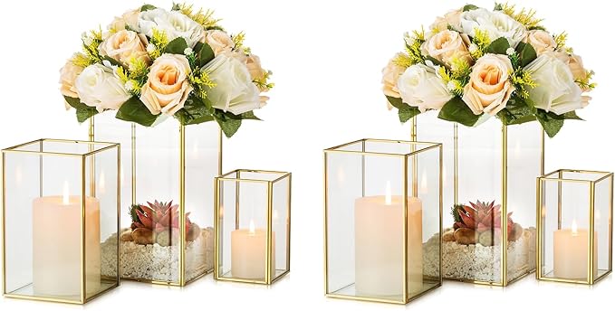 Glass Hurricane Candle Holder Large - Hewory 6pcs Gold Rectangle Flower Holders Centerpiece for Table, Tall Floor Square Pillar Candle Lantern for Wedding, Anniversary, Party, Fireplace, Dining Room-HomvellaHome