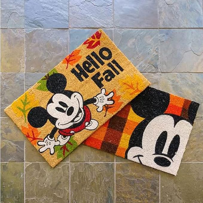 Gertmenian Disney Mouse Doormat Rug Front Door Coir Mat Welcome Home Indoor Outdoor Entryway Carpet, 2-Pack 20x34, Retro Mickey Hello Fall/Plaid-HomvellaHome