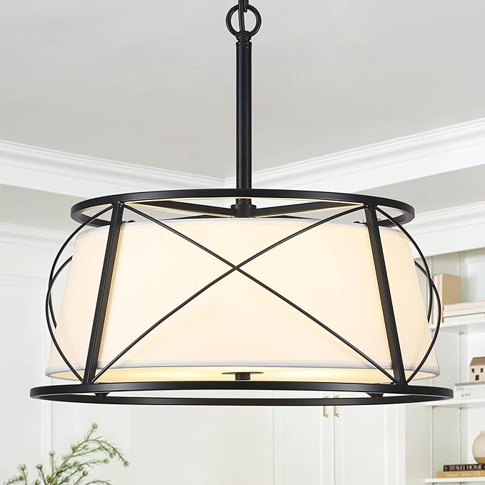 15.7" Black Drum Chandelier,3-Light Modern Farmhouse Chandelier,White Fabric Drum Shade Pendant Light Fixture for Dining Room Kitchen Island Bedroom Entryway-HomvellaHome