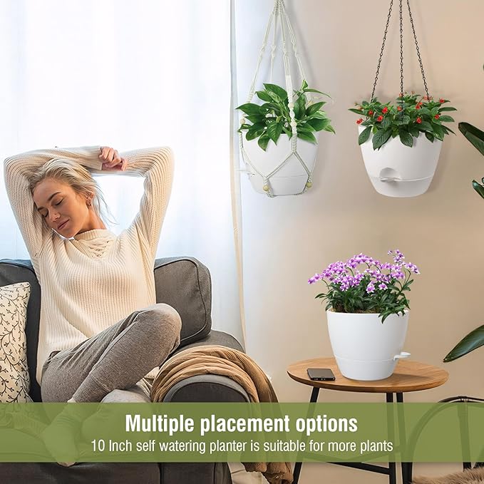 10 inch Self Watering Hanging Planters, 2 Pack Hanging Flower Pots for Indoor Outdoor Plants, Hanging Baskets with Drainage Holes & 2 Kinds of Plant Hangers for Garden Home Decor, White-HomvellaHome