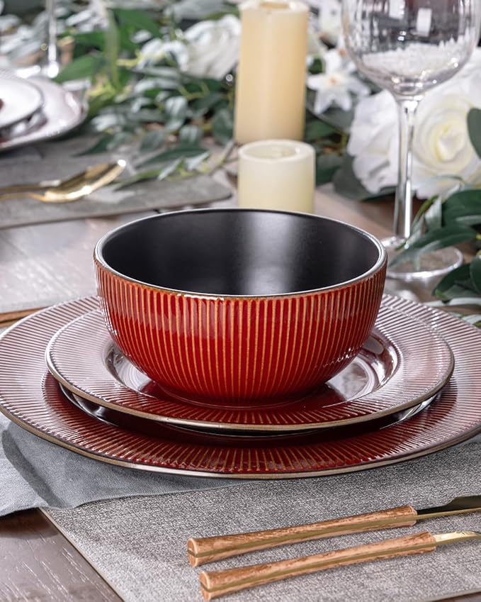 GBHOME Ceramic Dinnerware Sets,12 pcs Embossed Elegant Stoneware Plates and Bowls Sets, Housewarming Wedding Gift | Dishwasher & Microwave Safe | Dishes Set Service for 4-HomvellaHome