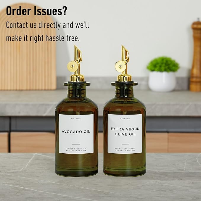 Green Glass Olive Oil Dispenser Bottle For Kitchen By Verpsace,Avocado Oil Dispenser Set, Modern Decor, Gold Kitchen Accessories for Home, Airbnb, Cafe (Gold, Set of 2)-HomvellaHome