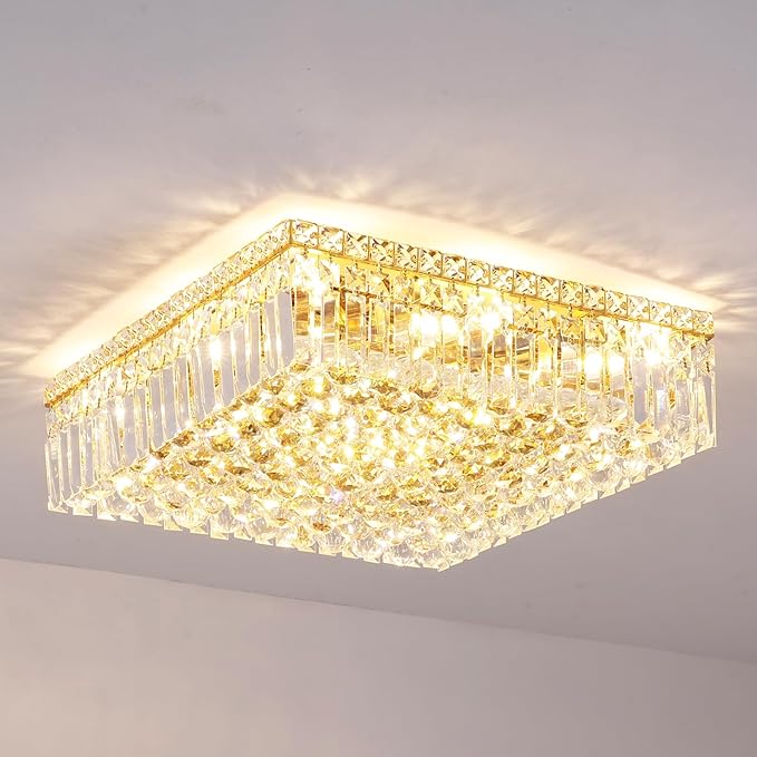 12-Lights Gold Crystal Flush Mount Ceiling Light Fixtures,Elegant Crystal Chandelier Pendant Ceiling Lamp for Bedroom,Living Room,Dining Room,Hallway H5.9 x W20 x L20 (Bulb Not Included) Square-HomvellaHome