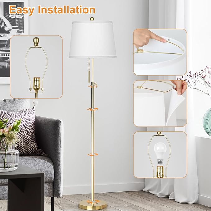 Gold Floor Lamp for Living Room, Tall Standing Lamp 55-65" Adjustable Modern Brass Floor Lamps for Bedroom Reading Office Kids 3 Color Lights Corner Night Stand (9W LED Bulb, White Shade)-HomvellaHome