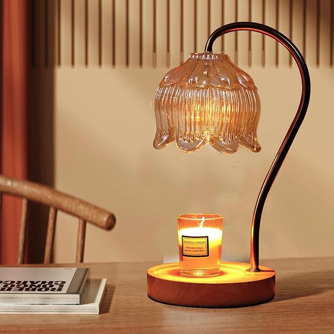 GEEZO Fragrance Candle Warmer Lamp with 2 Bulbs Electric Candle Warmer with Timer & Dimmer for Home Decor Wax Melt for Small Large Size Jar Candles Retro Wooden Base-HomvellaHome