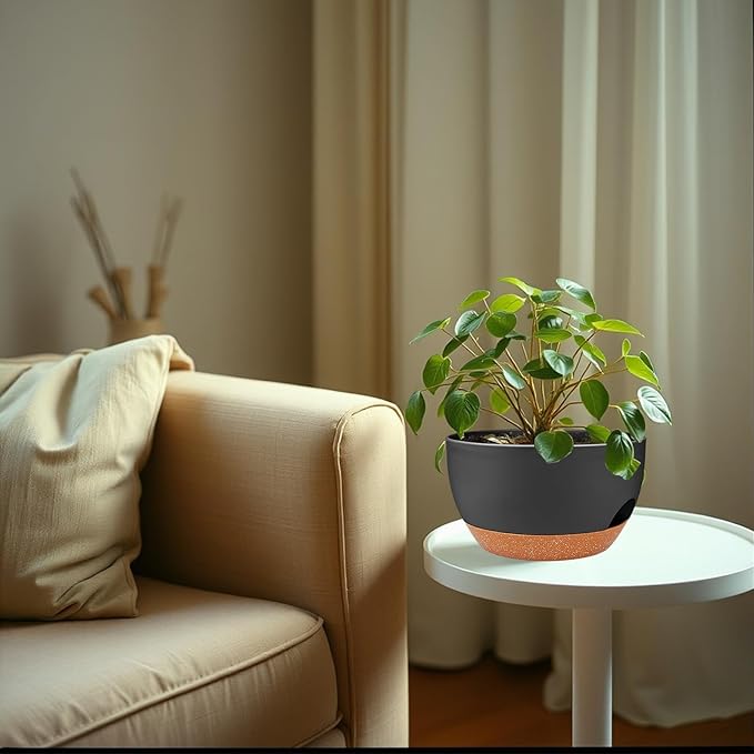 2 Pack Hanging Planters for Indoor Outdoor Plants, 12 Inch Self Watering Hanging Pot with Drainage Holes and Saucer, Plastic Plant Pots, Black Brown Flower Pots for Kitchen, Balcony, Garden-HomvellaHome