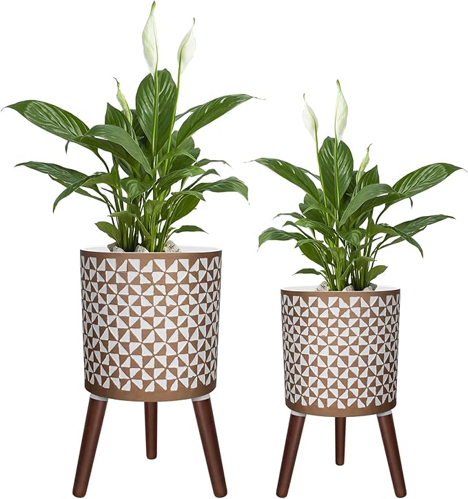 10 & 12 Inches Plant Pot with Stand, Large Modern Standing Planters for Indoor Outdoor Plants with Drainage Holes, Big Gold Floral Embossed Flower Pots with Legs-HomvellaHome