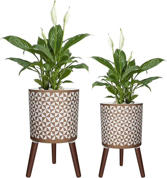 10 & 12 Inches Plant Pot with Stand, Large Modern Standing Planters for Indoor Outdoor Plants with Drainage Holes, Big Gold Floral Embossed Flower Pots with Legs-HomvellaHome