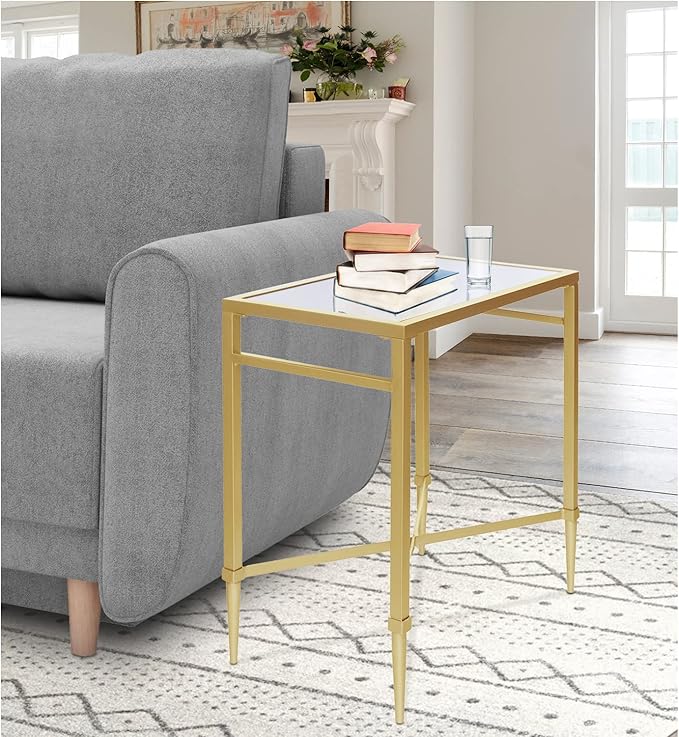 Gold End Table, Rectangle Side Table with Mirrored Top, Modern Metal End Table, Small Narrow Side Table for Living Room, Balcony, 22" L x 12.4" W x 24" D-HomvellaHome