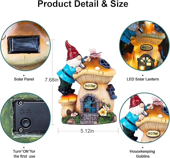 Garden Gnome Statues Figurine Lights - Solar Powered Lighting Outdoor Decorations, Gnome Build Mushroom Fairy House, Yard Art Lawn Ornaments for Porch Patio Balcony - Gnome Gifts for Women Mom-HomvellaHome