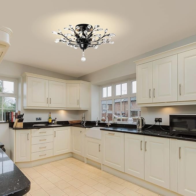 Ganeed Crystal Chandeliers,Vintage K9 Clear LED Ceiling Lighting,Edison Pendant Light Flush Mounted Fixture with 4 Light for Living Room Dinning Room Restaurant Porch Hallway (Black)-HomvellaHome