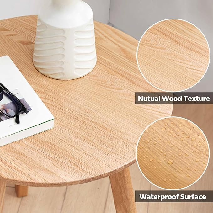 100% Solid Oak Round Side Table, Small Bedside Table for Small Spaces, Living Room End Table with Stable Frame for Bedroom Couch, (Natural, 17.71" D x 19.68" H)-HomvellaHome