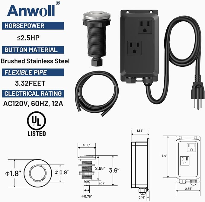 Garbage Disposal Air Switch Kit -Professional- Dual Outlet, Sink Top Waste Disposer On/Off, Garbage Disposal Button, UL Listed-HomvellaHome