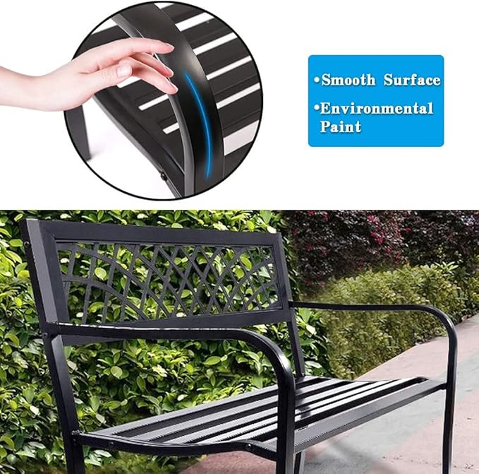 Garden Bench,Outdoor Benches,Iron Steel Frame Patio Bench with Mesh Pattern and Plastic Backrest Armrests for Lawn Yard Porch Work Entryway,Black-HomvellaHome