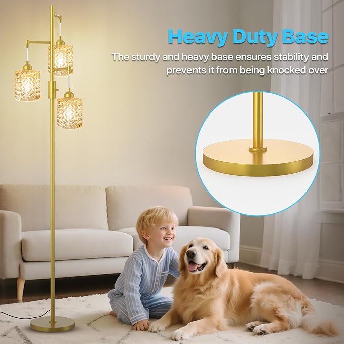 Gold Floor Lamp for Living Room Bedroom, 3-Light Vintage Standing Lamp Stained Glass, Mid Century Modern Tall Floor Lights, Amber Glass Shade with Golden Base-HomvellaHome