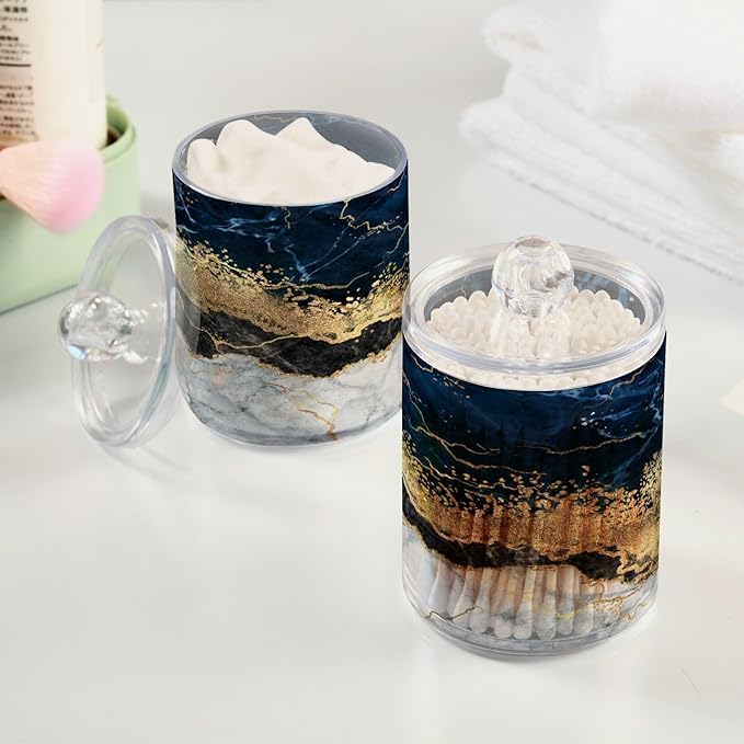 2 Pack Qtip Holder Dispenser Navy Blue Marble Bathroom Storage Canister Lid Acrylic Plastic Apothecary Jar Set Vanity Makeup Organizer for Cotton Swabs/Pads/Floss-HomvellaHome