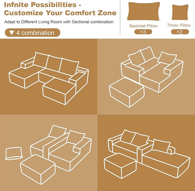 108" Sectional Couches for Living Room Modern Modular Sofa with L-Shape Couchs Upholstered Boneless Couch Deep Seat Sectional Couch with Chaise (Camel, Left Facing Chaise+2Seaters+1Ottoman)-HomvellaHome