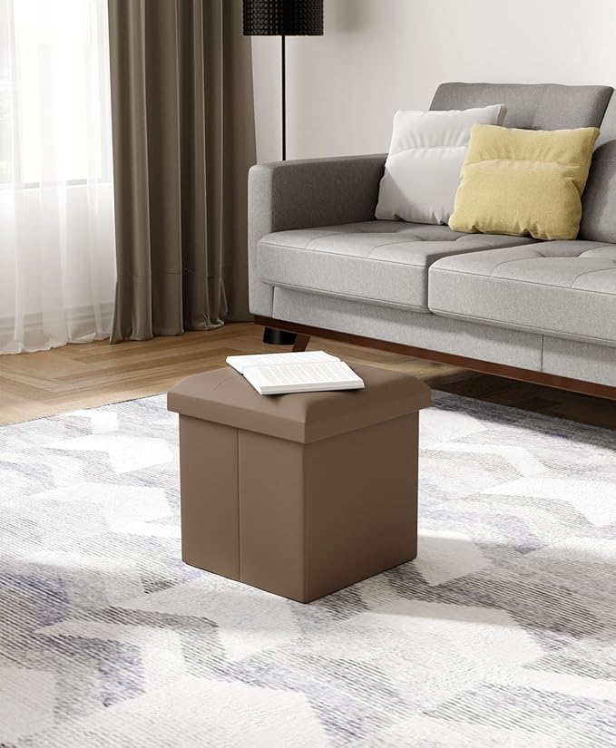 15 Inches Small Folding Storage Ottoman Cube, Storage Footrest, Foot Rest Stool, for Living Room, Bedroom, Dorm, Hallway, Entryway, Brown-HomvellaHome