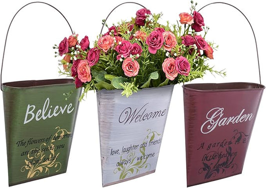 GDYOOSHOW 3Pcs 7.4" Tall Galvanized Metal Hanging Planter Rustic Wall Flower Bucket Echelon Wall Pot for Garden Balcony Indoor or Outdoor-HomvellaHome