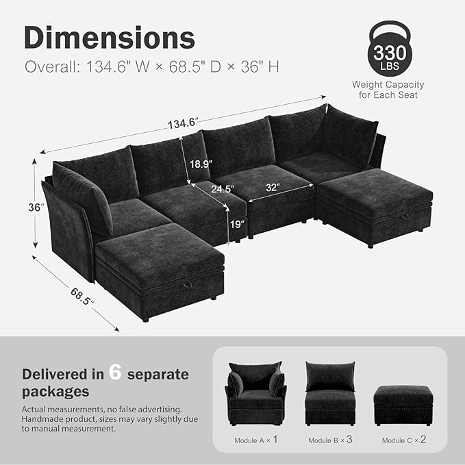 134.6" Oversized Modular Sectional Sofa, 6 Seater U Shaped Couch with Storage Ottoman with Reversible Chaise Deep Seat for Living Room, Apartment - Chenille Black-HomvellaHome