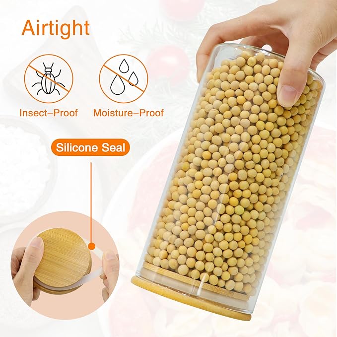 Glass Storage Jars 45 oz 4 Pcs Clear Glass Food Storage Containers with Airtight Bamboo Lid Stackable Kitchen Canisters for Candy, Cookie, Rice, Sugar, Flour, Pasta, Nuts-HomvellaHome