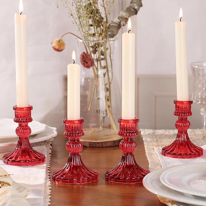 12PCS Red Candlestick Holders Set- 4" H Taper Candle Holders, Glass Candle Holders Bulk for Activities, Party, Home Table Centerpieces, Festival Gifts & Windowsill Decor-HomvellaHome