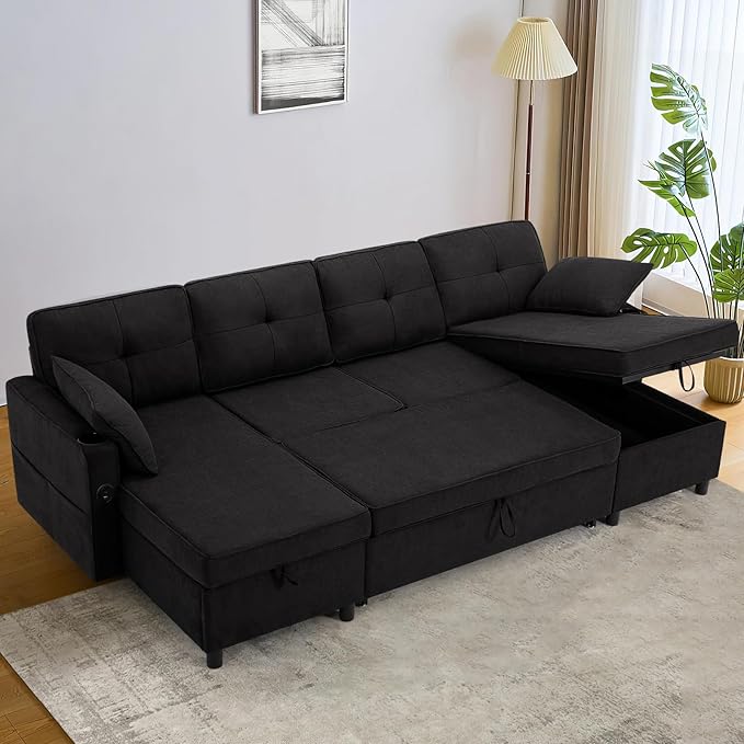 110 Inches Chenille Sectional Sofa w/Pull Out Sofa Bed & Adjustable Back, Tufted U Shaped Couch w/Two Storage Chaises, Sleeper Sectional Sofa w/USB Port & Cup Holders for Living Room, Black-HomvellaHome