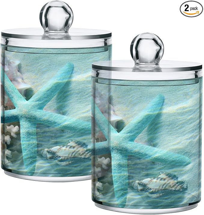 2 Pack Qtip Holder Organizer Dispenser Seashell Starfish Summer Beach Bathroom Storage Canister Cotton Ball Holder Container for Cotton Swabs/Pads/Floss-HomvellaHome