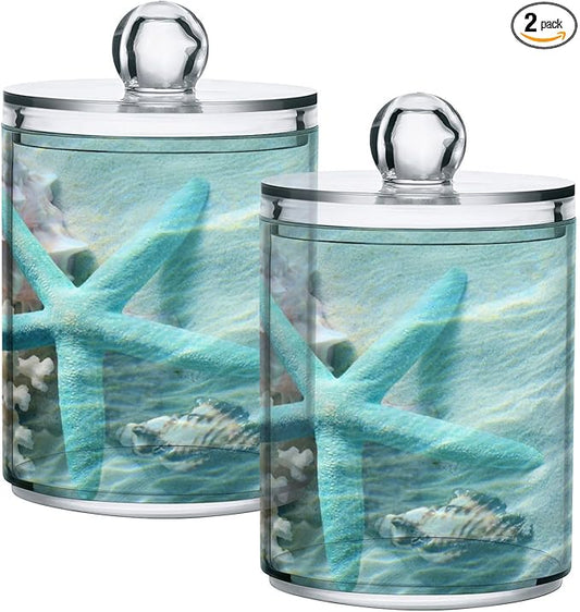 2 Pack Qtip Holder Organizer Dispenser Seashell Starfish Summer Beach Bathroom Storage Canister Cotton Ball Holder Container for Cotton Swabs/Pads/Floss-HomvellaHome