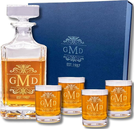 Gifts Inscribed Personalized Whiskey Decanter Set - Engraved Whiskey Decanter Bottle & Set of 4 Custom Drinking Glasses Laser Etched - Customized Whisky Gift for Wedding, Birthday, Fathers Day-HomvellaHome