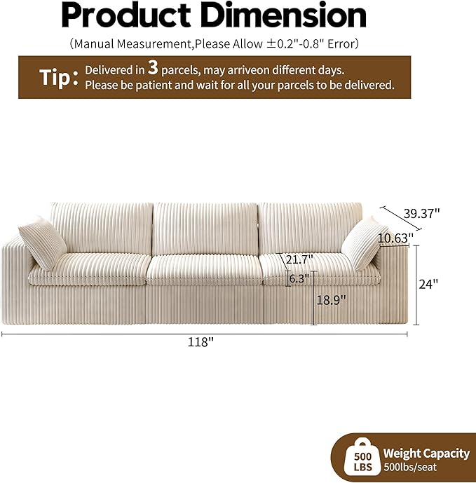 118" 3-Seater Cloud Sofa,Modular Sectional Couch,Modern Deep Seat Upholstered Couches with Plush Corduroy Fabric for Living Room Furniture,Bedroom and Apartment,No Assembly Required,White-HomvellaHome