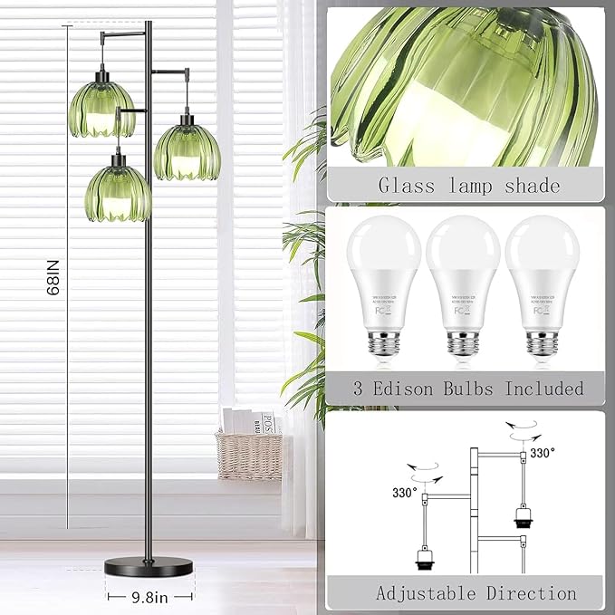 Glass Gold Floor Lamp for Living Room,Bedroom,Mid Century Modern Standing Lamp Brass Tree 3 Light Tall Floor Lamps Vintage Retro Floor Lights Green Flower Lamp Shade Farmhouse Boho Bohemian-HomvellaHome