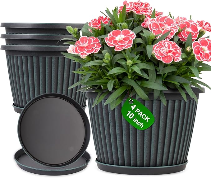 10 Inch Planter-Pots-for-Plants-Indoor-Outdoor, 4 Pack Plastic Flower Pots with Saucer & Drainage Holes, Modern Decorative Resin Garden Pots-HomvellaHome