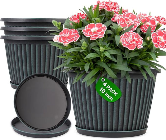 10 Inch Planter-Pots-for-Plants-Indoor-Outdoor, 4 Pack Plastic Flower Pots with Saucer & Drainage Holes, Modern Decorative Resin Garden Pots-HomvellaHome