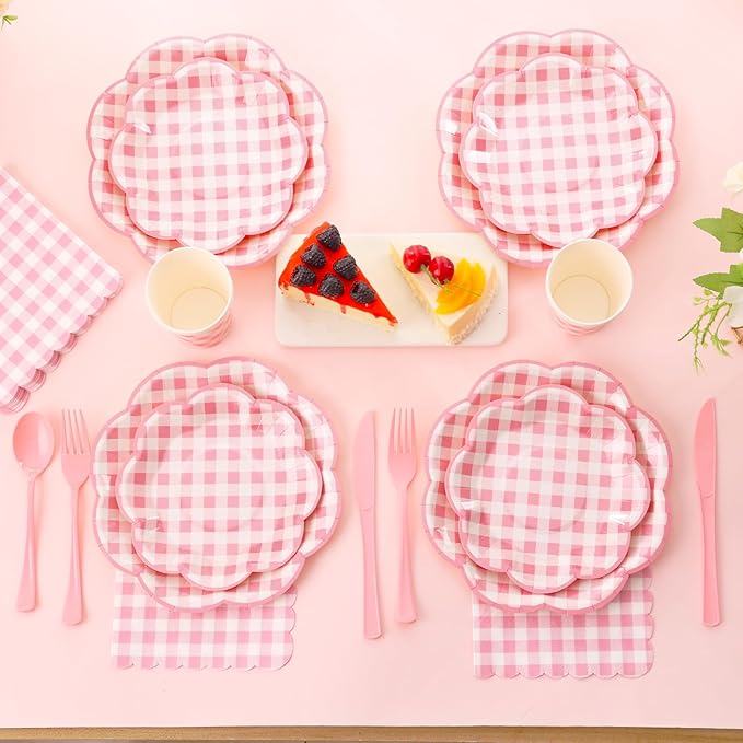 175 Pcs Pink Gingham Plates and Napkins Party Supplies - Pink and White Checkered Plates Sets Serve 25 Guests - Scalloped Gingham Paper Plate for Birthday Wedding Picnic Party Decorations-HomvellaHome