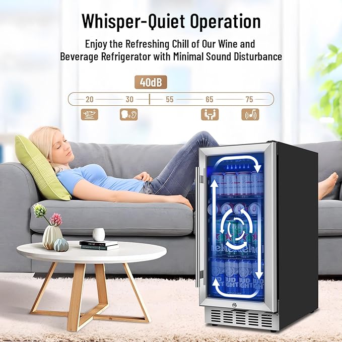 15 Inch Beverage Refrigerator, 130 Can Capacity Under Counter Fridge with Lock & Glass Door, Quiet Built-in or Freestanding Beer Cooler, Powerful Compressor for Fast Cooling-HomvellaHome