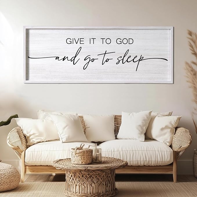 Give It to God and Go to Sleep Decorative Rustic Sign & Plaque Framed Wall Art for Couples, 40''×15'' Vintage Farmhouse Wooden Horizontal Wall Decor Above Bed, Cottagecore Wedding Gift for Bedroom-HomvellaHome